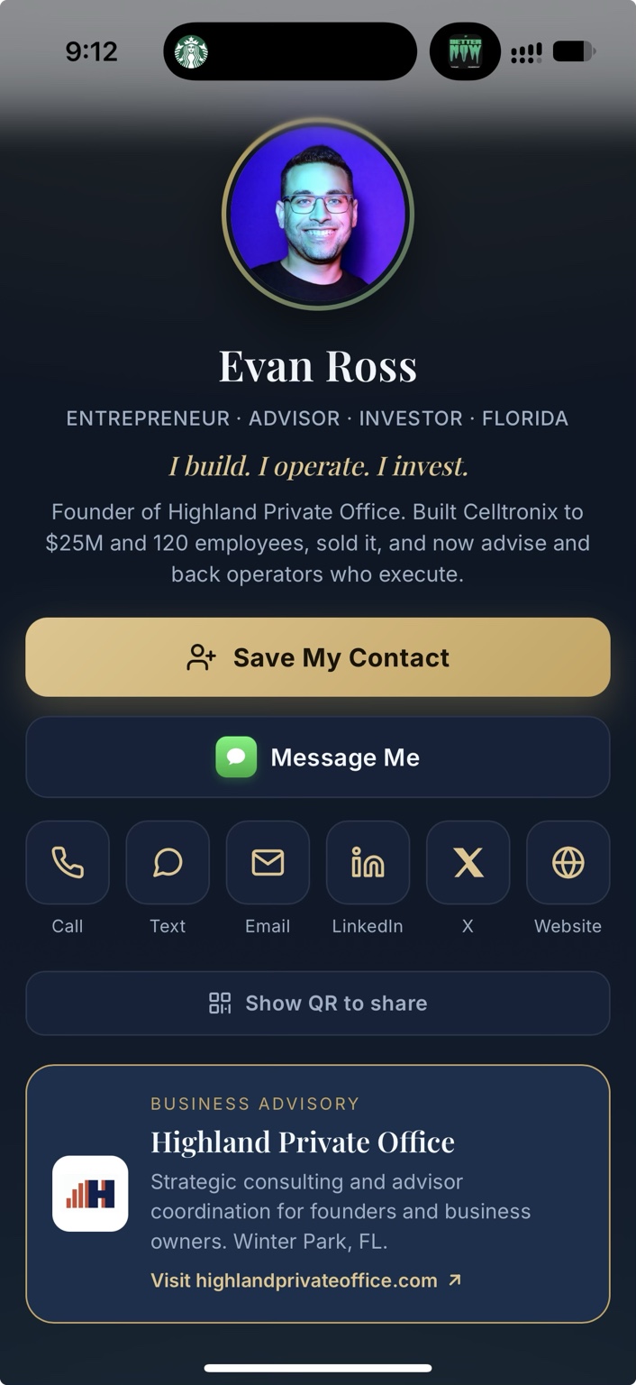 Evan Ross's digital business card, showing Save My Contact, Message Me, contact links, and Highland Private Office